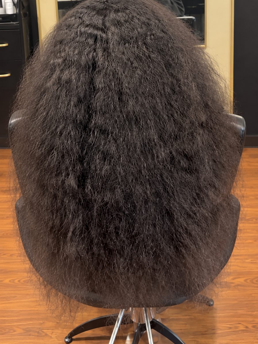 Before a Brazilian Blowout: long, thick, frizzy hair at Eutopia Salon in Baton Rouge