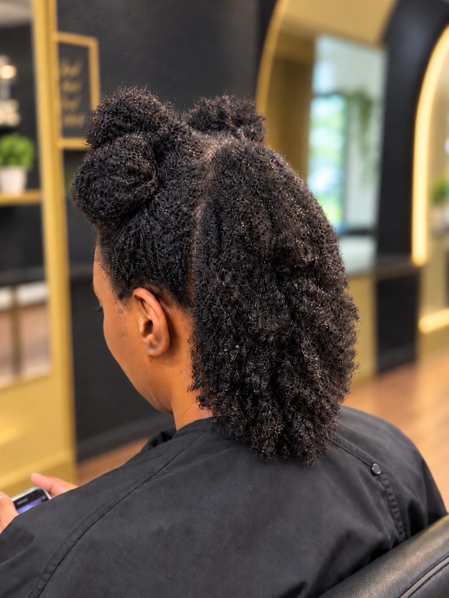 Before a Japanese permanent straightener: tightly coiled natural hair, pinned half up, at Eutopia Salon in Baton Rouge